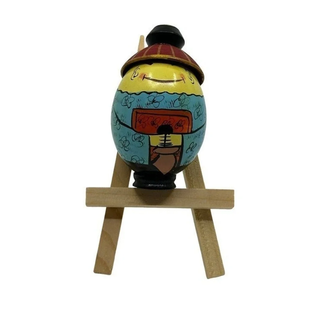 Wooden Figurine Turned Hand Painted Asian Conical Hat‎ Kimono Egg Shaped 3